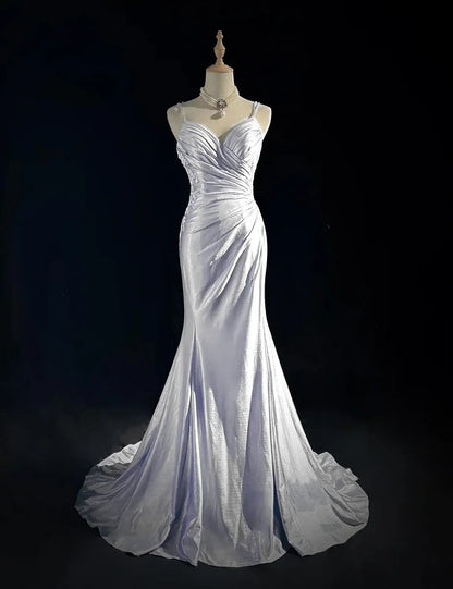 Spaghetti Strap Mermaid Satin Long Prom Backless Applique Evening Gown  P893