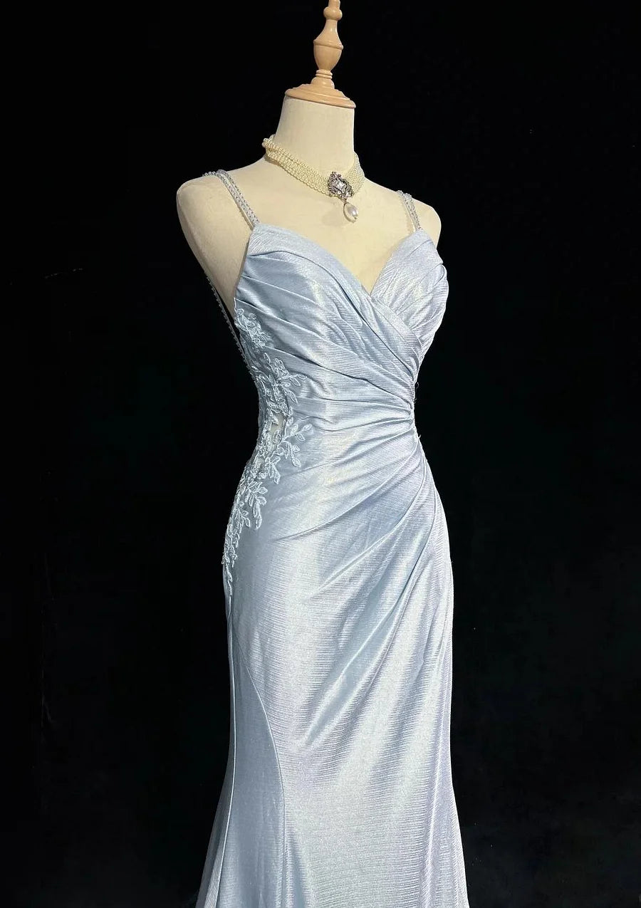 Spaghetti Strap Mermaid Satin Long Prom Backless Applique Evening Gown  P893