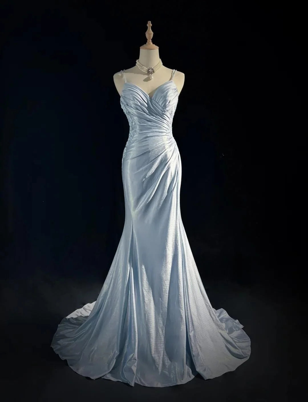 Spaghetti Strap Mermaid Satin Long Prom Backless Applique Evening Gown  P893