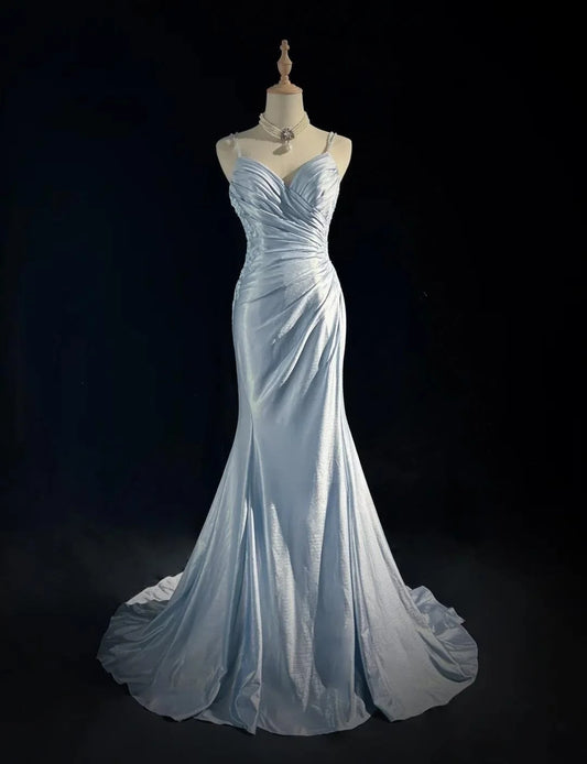 Spaghetti Strap Mermaid Satin Long Prom Backless Applique Evening Gown  P893