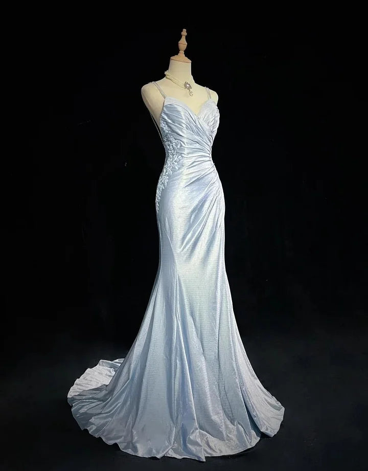 Spaghetti Strap Mermaid Satin Long Prom Backless Applique Evening Gown  P893