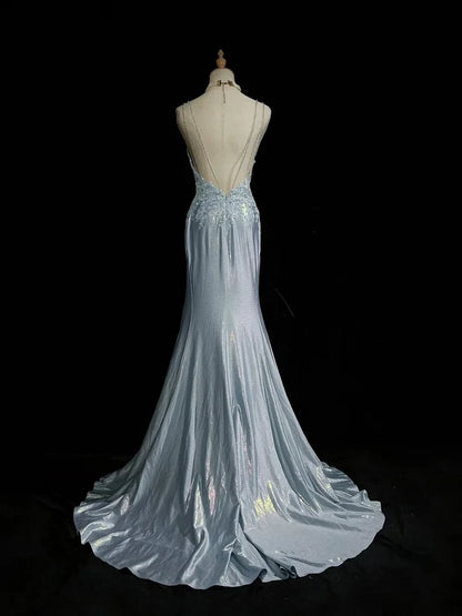 Spaghetti Strap Mermaid Satin Long Prom Backless Applique Evening Gown  P893