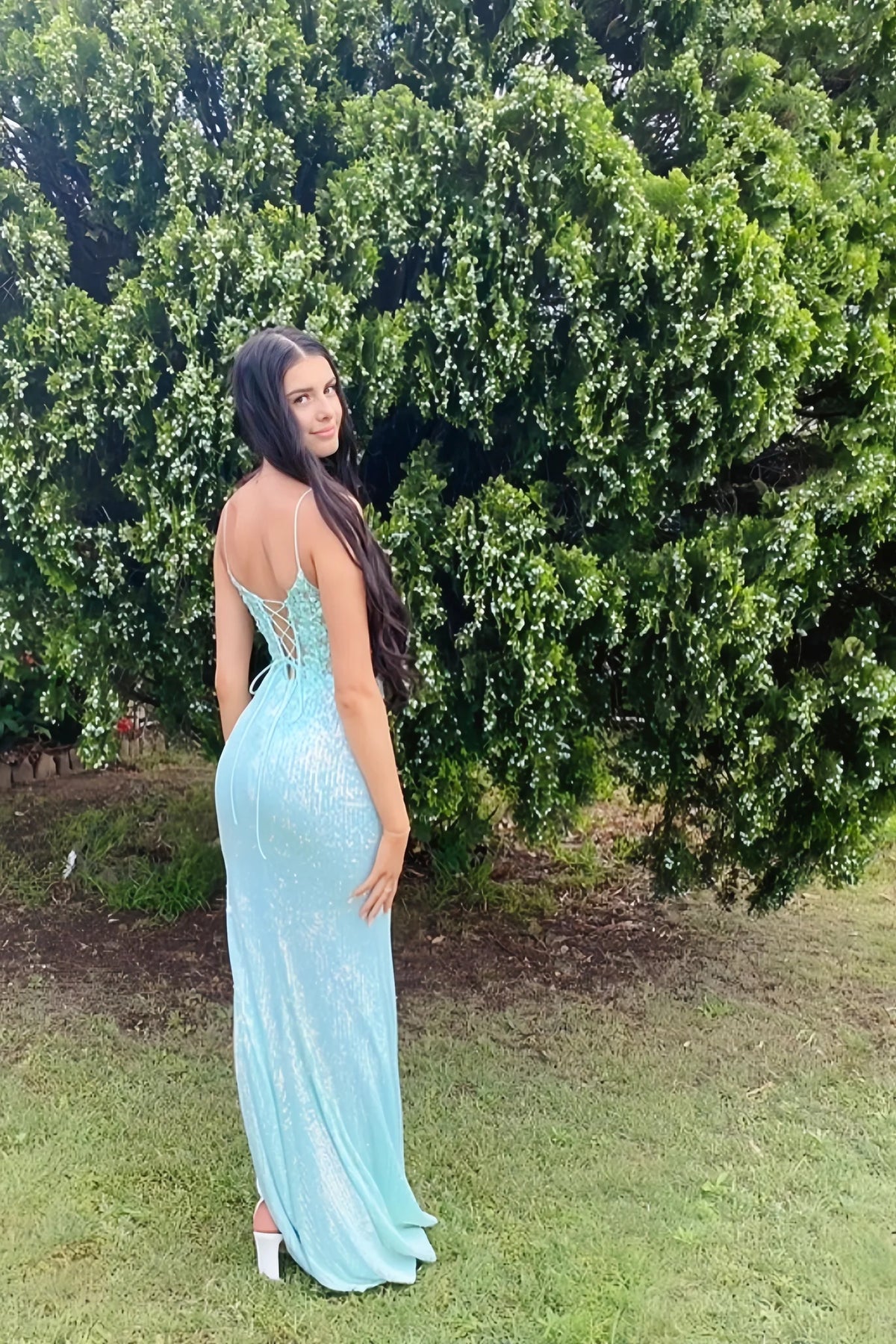 Spaghetti Strap Mint Green Sequins Side Slit Prom Dress P2552