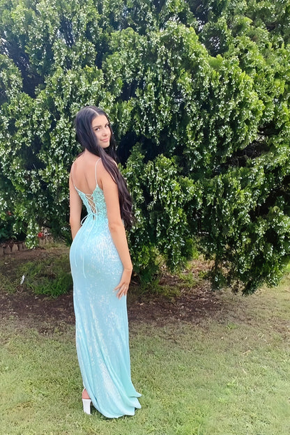 Spaghetti Strap Mint Green Sequins Side Slit Prom Dress P2552