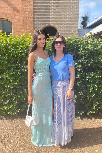 Spaghetti Strap Mint Green Sequins Side Slit Prom Dress P2552