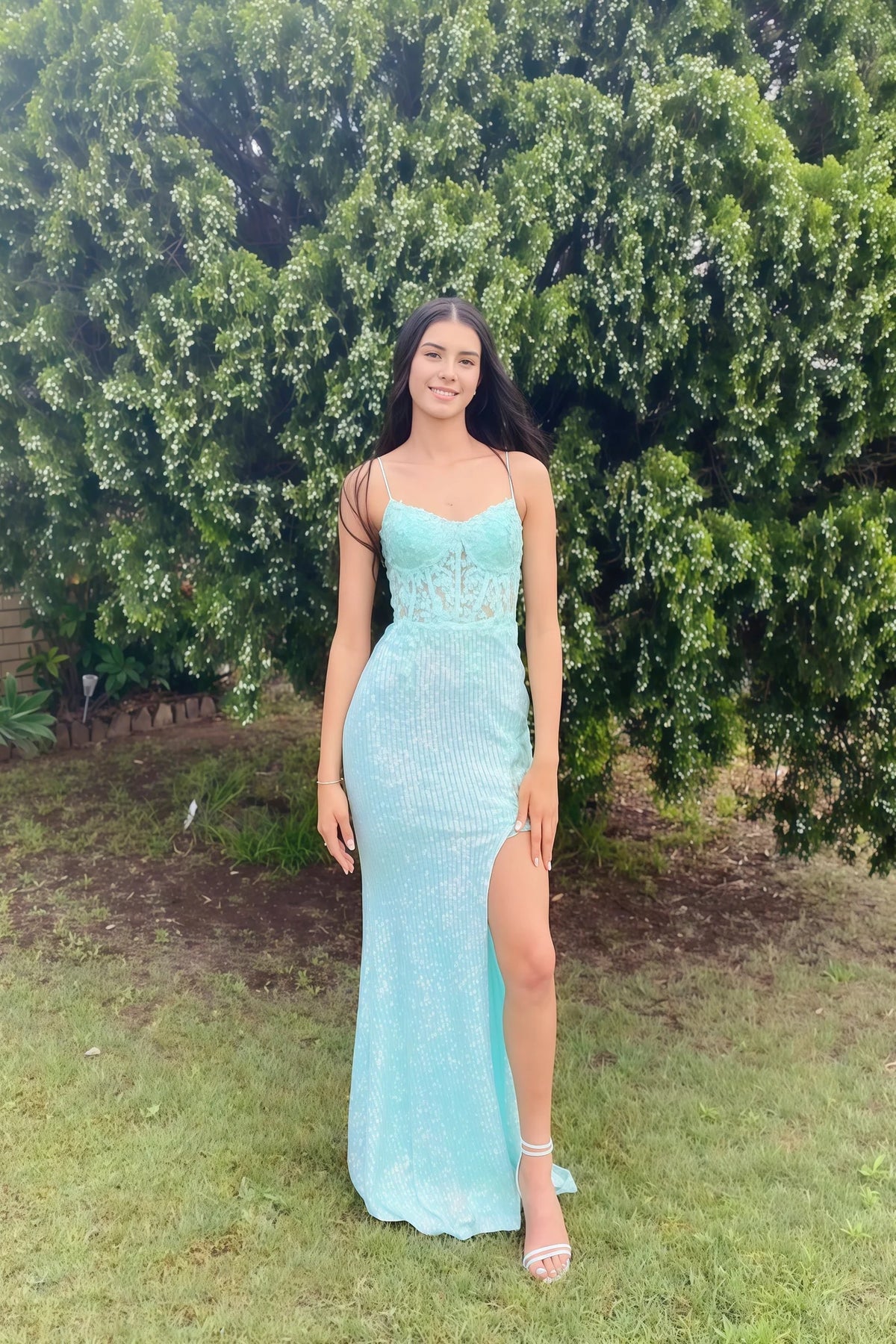 Spaghetti Strap Mint Green Sequins Side Slit Prom Dress P2552