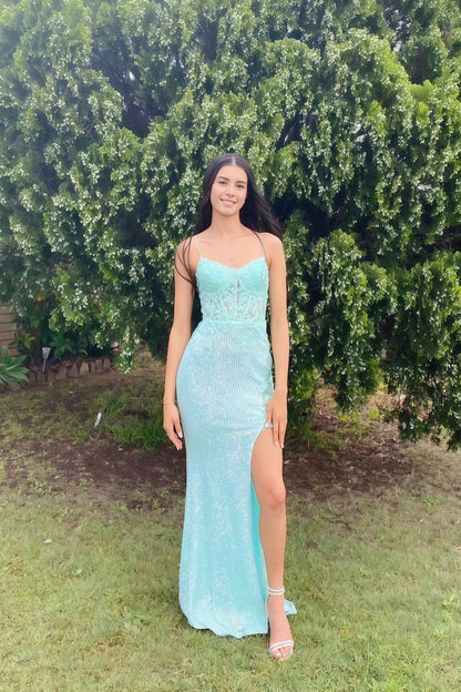 Spaghetti Strap Mint Green Sequins Side Slit Prom Dress P2552