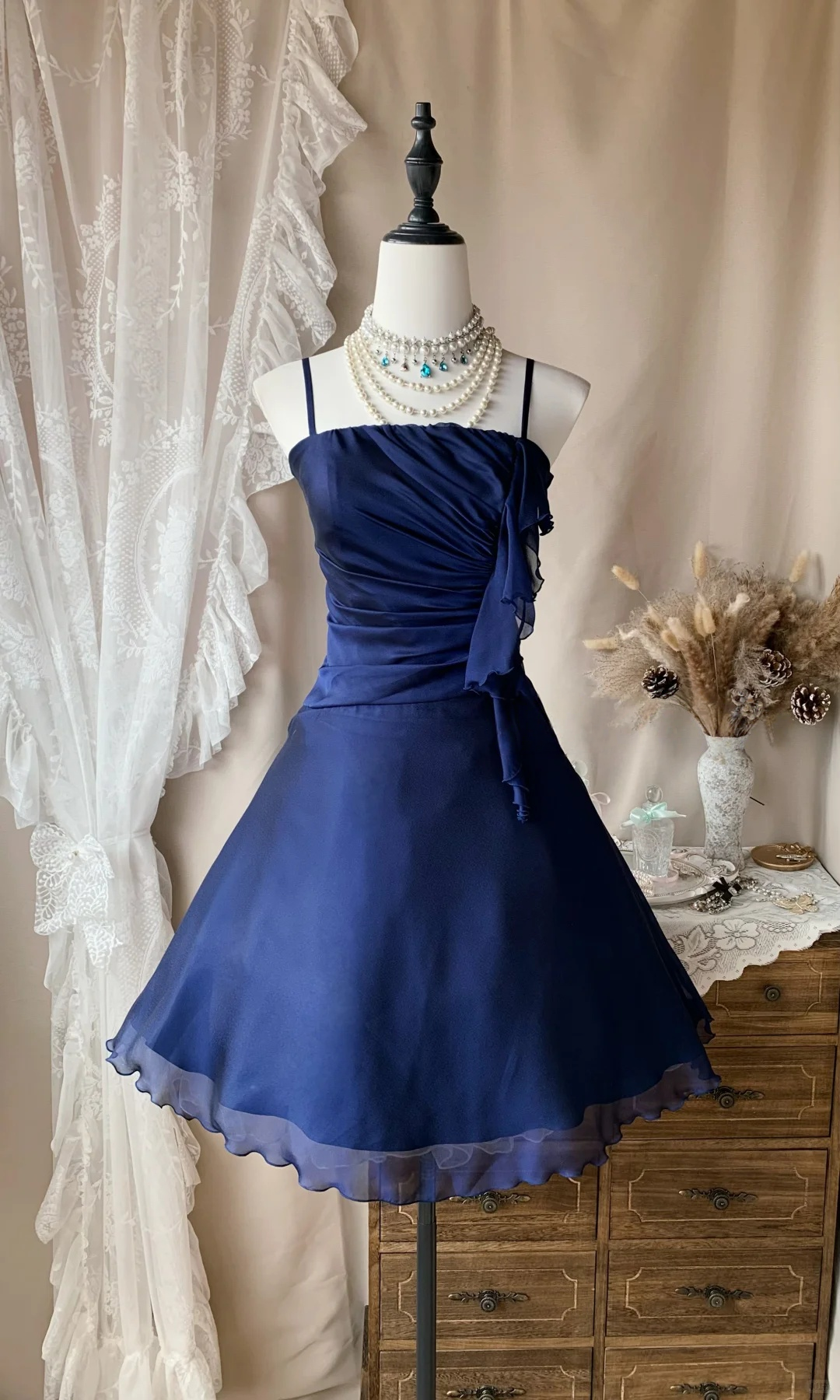 Spaghetti Strap Navy Blue A Line Chiffon Short Homecoming Dress  P1093