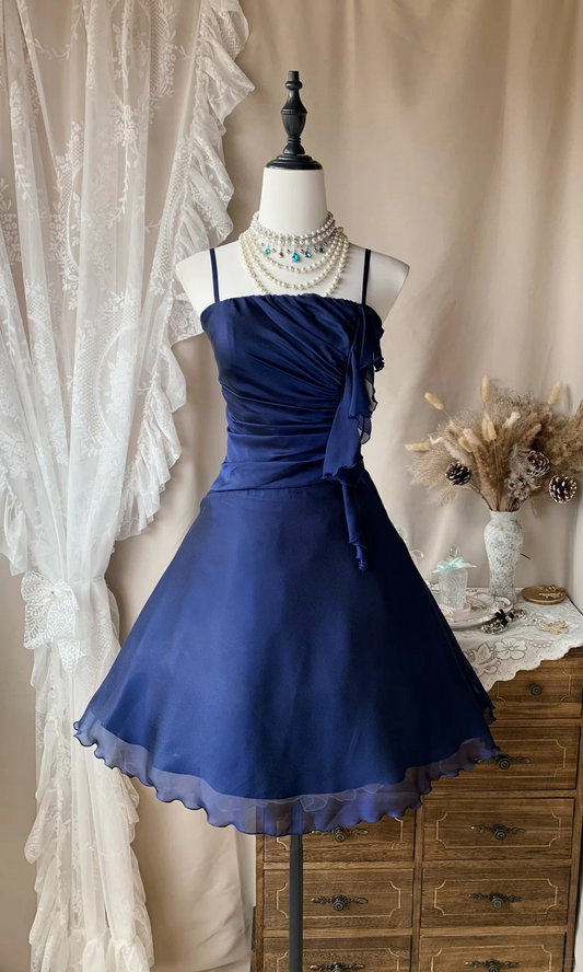 Spaghetti Strap Navy Blue A Line Chiffon Short Homecoming Dress  P1093