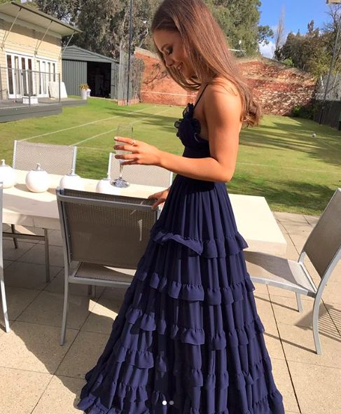 Spaghetti Strap Navy Blue Chiffon Formal Prom Dress Wedding Guest Dress  P1037