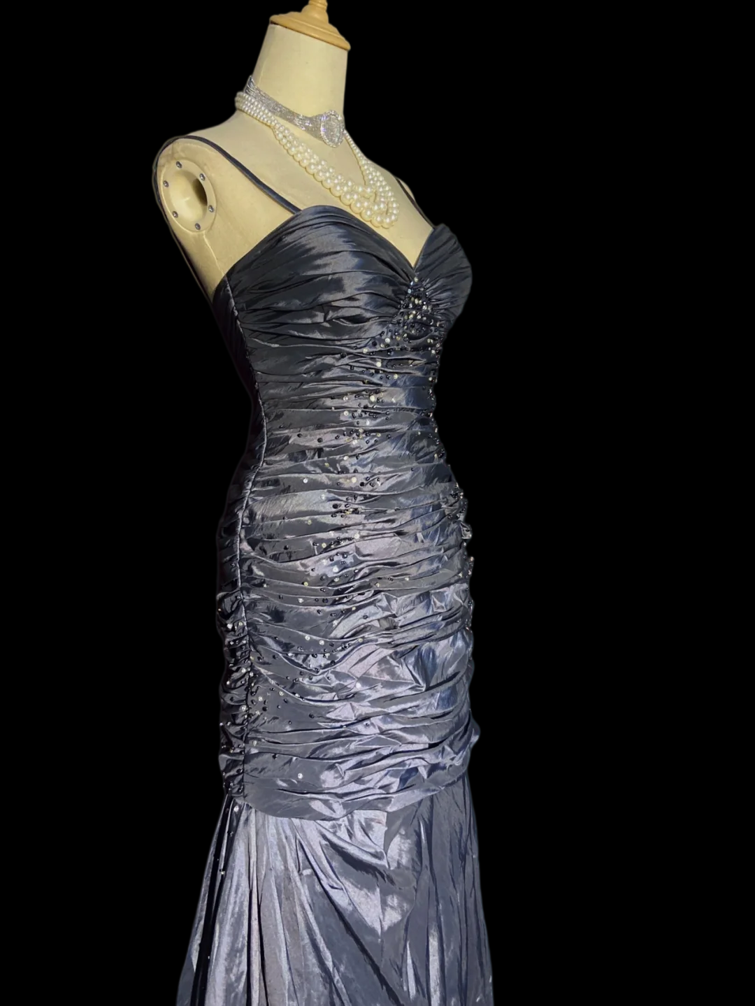 Spaghetti Strap Navy Blue Mermaid Prom Dress Taffeta Formal Dress  P929