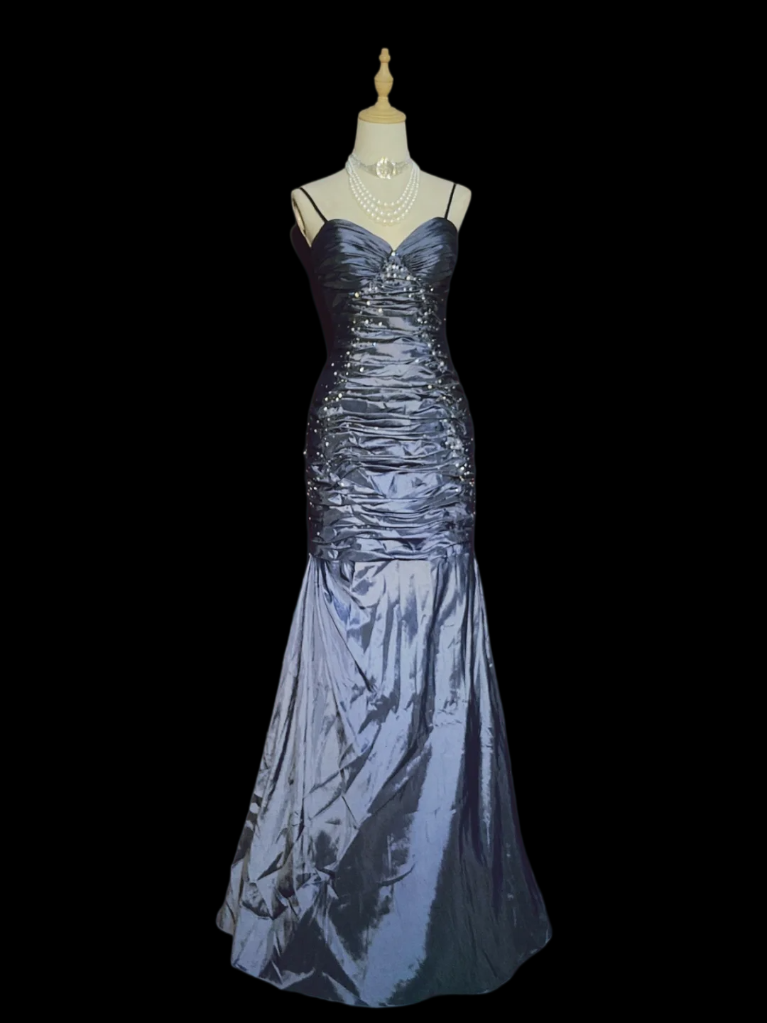 Spaghetti Strap Navy Blue Mermaid Prom Dress Taffeta Formal Dress  P929