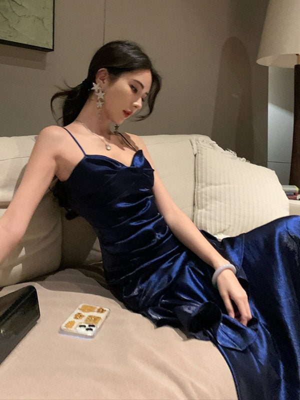 Spaghetti Strap Navy Blue Prom Dress Ruffled Formal Dress  P936