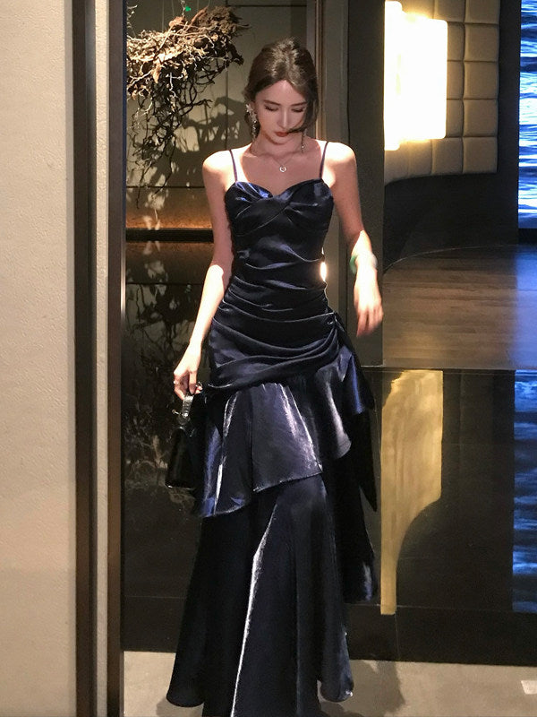 Spaghetti Strap Navy Blue Prom Dress Ruffled Formal Dress  P936