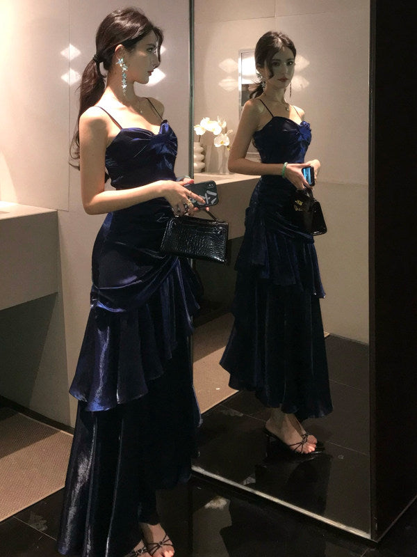Spaghetti Strap Navy Blue Prom Dress Ruffled Formal Dress  P936