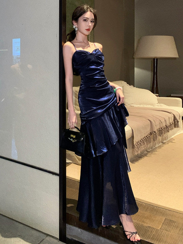 Spaghetti Strap Navy Blue Prom Dress Ruffled Formal Dress  P936