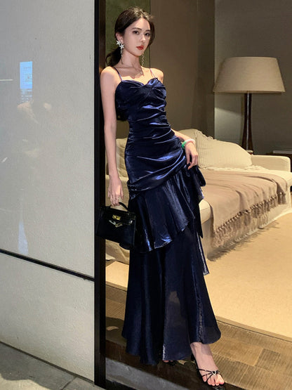 Spaghetti Strap Navy Blue Prom Dress Ruffled Formal Dress  P936