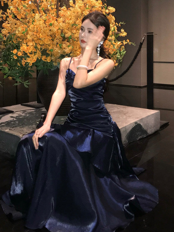 Spaghetti Strap Navy Blue Prom Dress Ruffled Formal Dress  P936