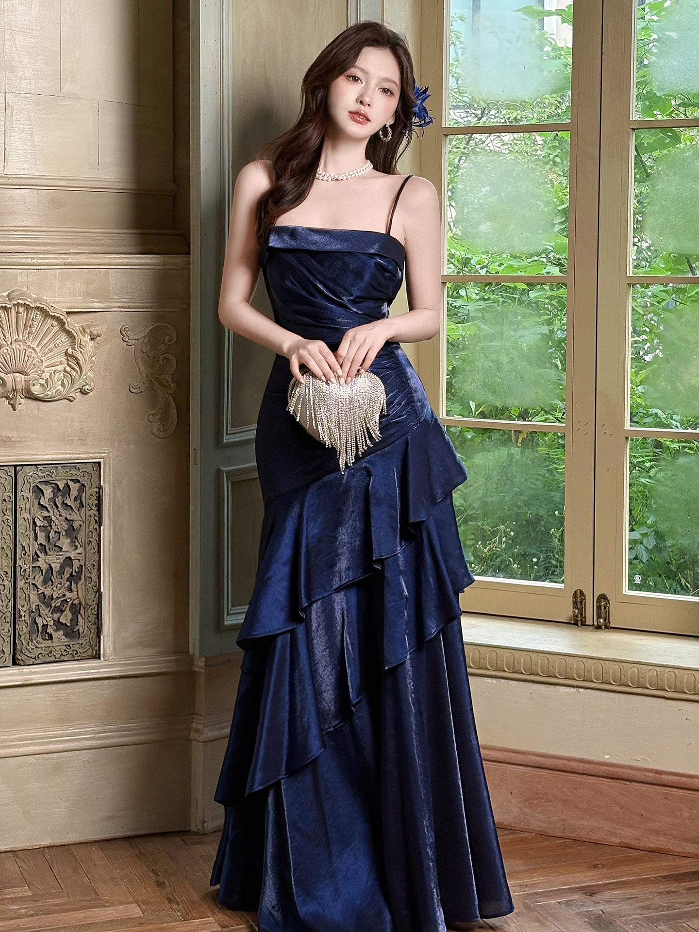 Spaghetti Strap Navy Blue Ruffled Prom Dress  P943