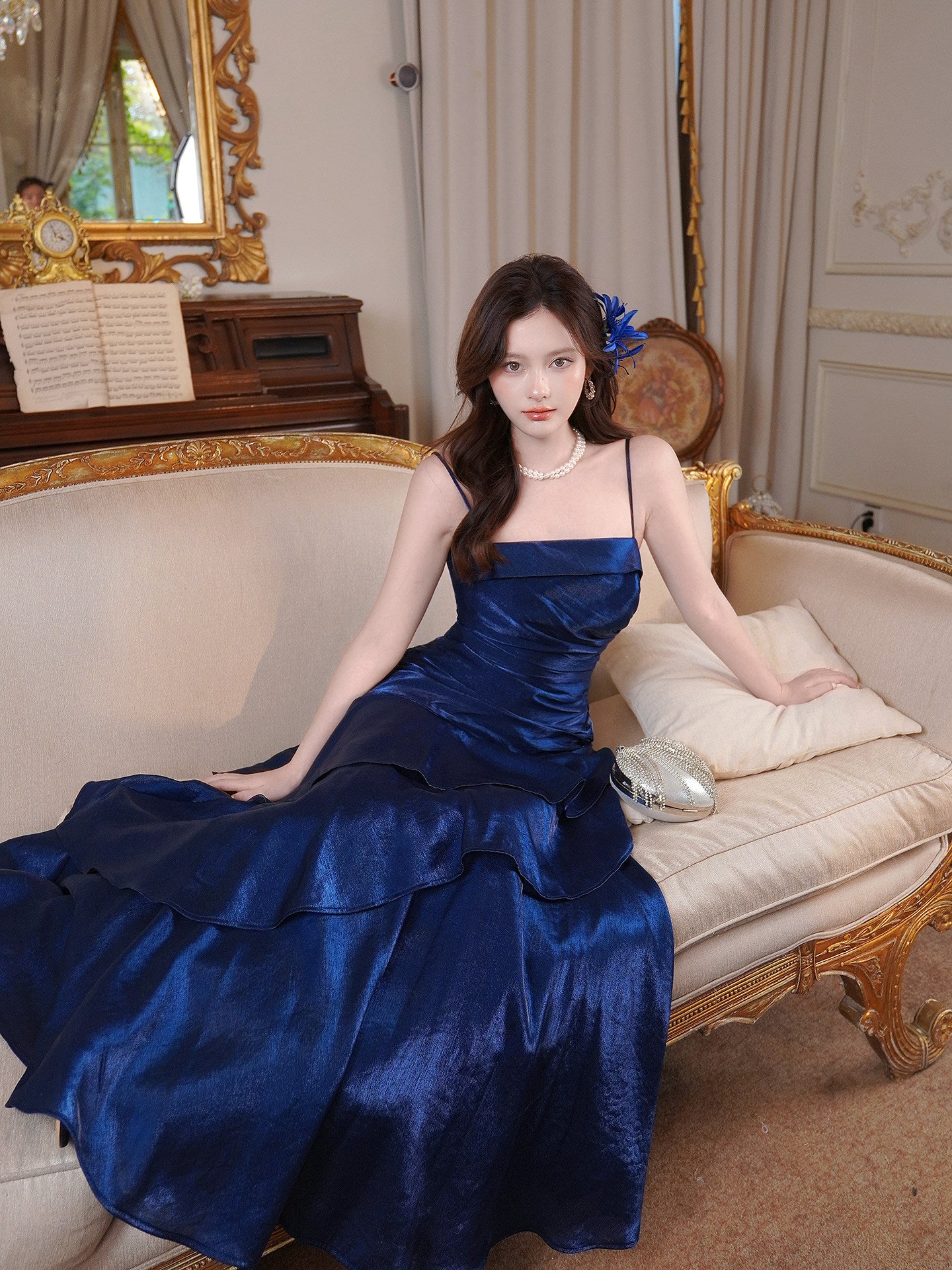Spaghetti Strap Navy Blue Ruffled Prom Dress  P943