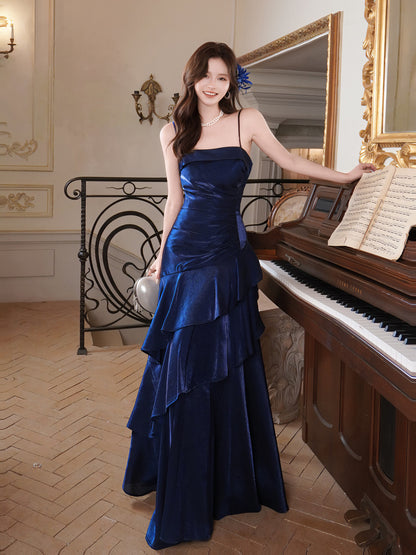 Spaghetti Strap Navy Blue Ruffled Prom Dress  P943