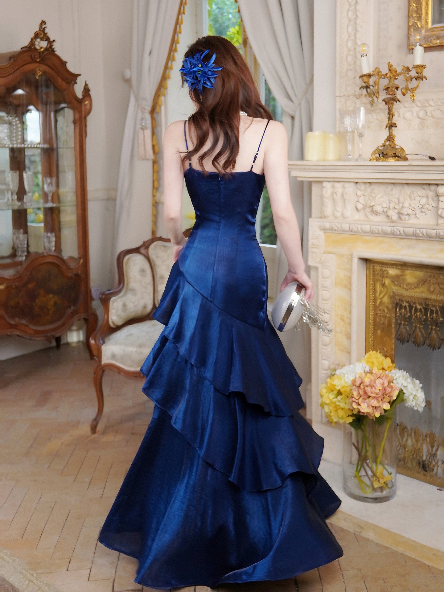 Spaghetti Strap Navy Blue Ruffled Prom Dress  P943