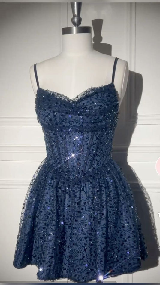 Spaghetti Strap Navy Blue Sequin A Line Homecoming Dress  P1531