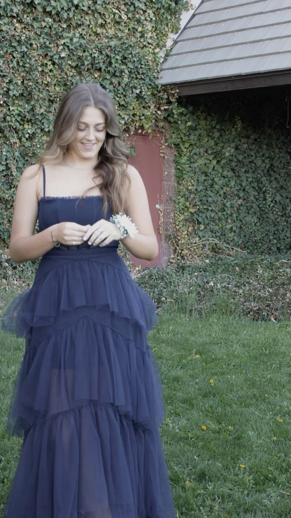 Spaghetti Strap Navy Blue Tulle Formal Prom Dress  P1038
