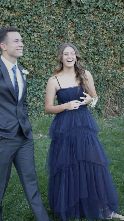 Spaghetti Strap Navy Blue Tulle Formal Prom Dress  P1038