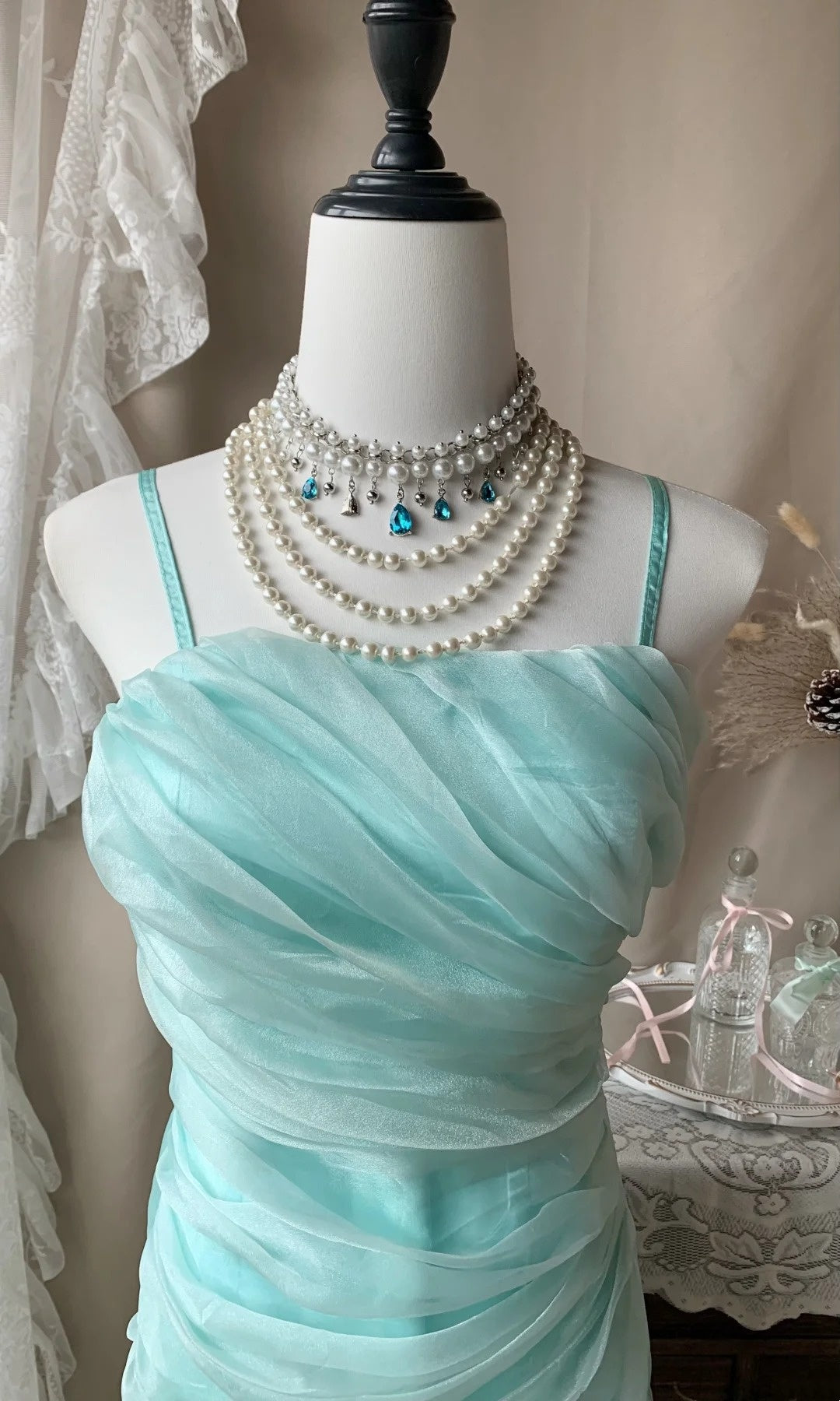 Spaghetti Strap Organza Layered Prom Dress Ruffled Retro Dress  P1382