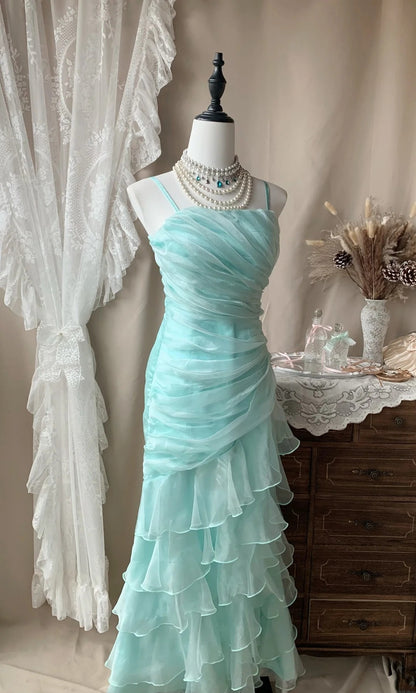Spaghetti Strap Organza Layered Prom Dress Ruffled Retro Dress  P1382