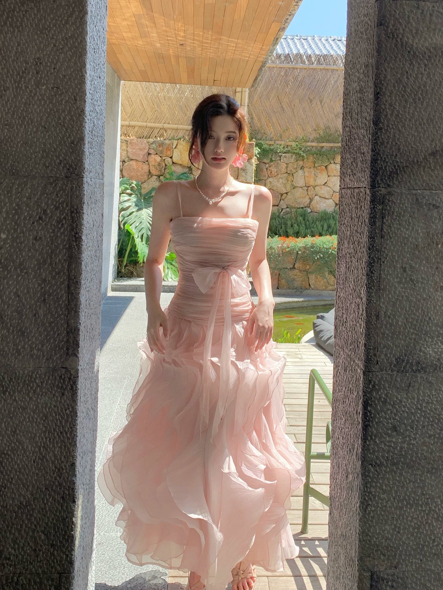 Spaghetti Strap Pink A Line Prom Dress Ruffled Birthday Dress  L100