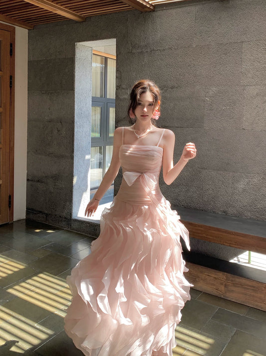 Spaghetti Strap Pink A Line Prom Dress Ruffled Birthday Dress  L100