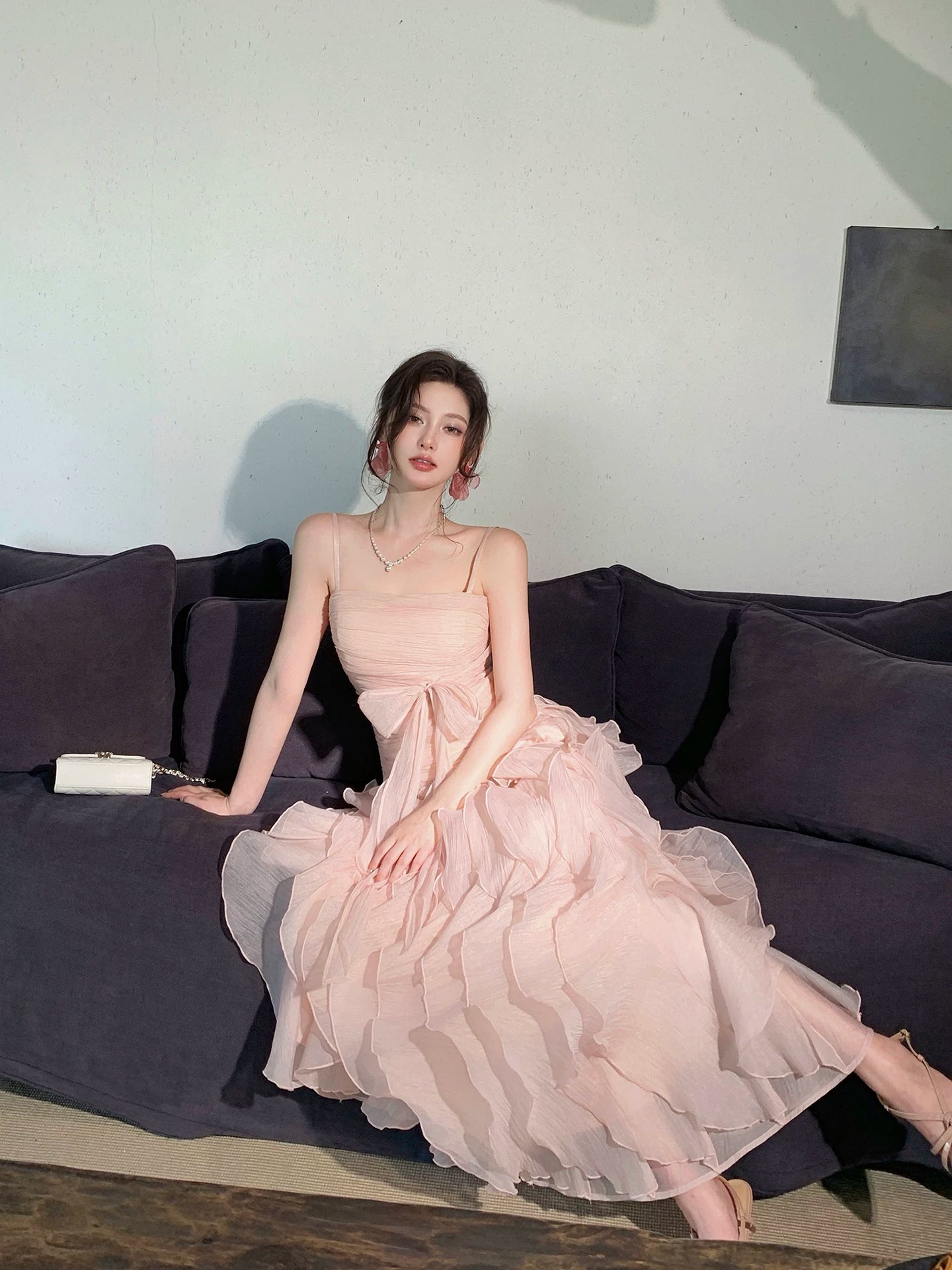 Spaghetti Strap Pink A Line Prom Dress Ruffled Birthday Dress  L100