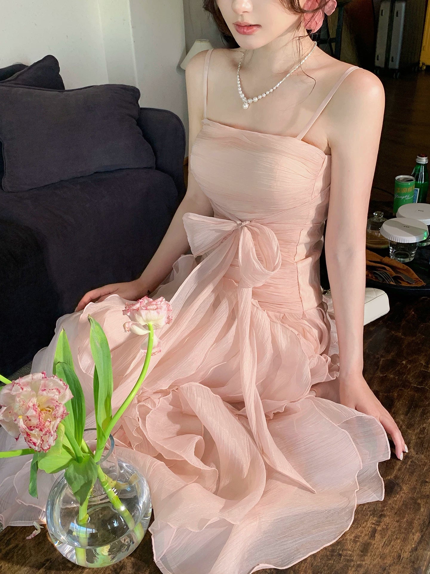 Spaghetti Strap Pink A Line Prom Dress Ruffled Birthday Dress  L100