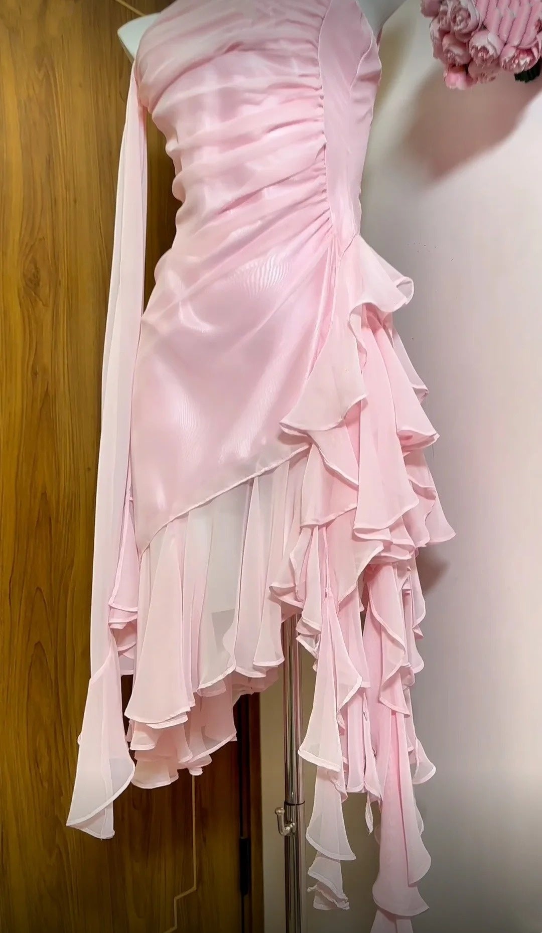 Spaghetti Strap Pink Chiffon Prom Dress Ruffled Homecoming Dress  P1294