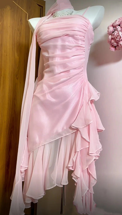 Spaghetti Strap Pink Chiffon Prom Dress Ruffled Homecoming Dress  P1294