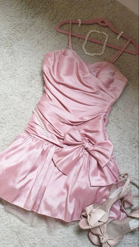 Spaghetti Strap Pink Satin Homecoming Dress With Bow  P1337
