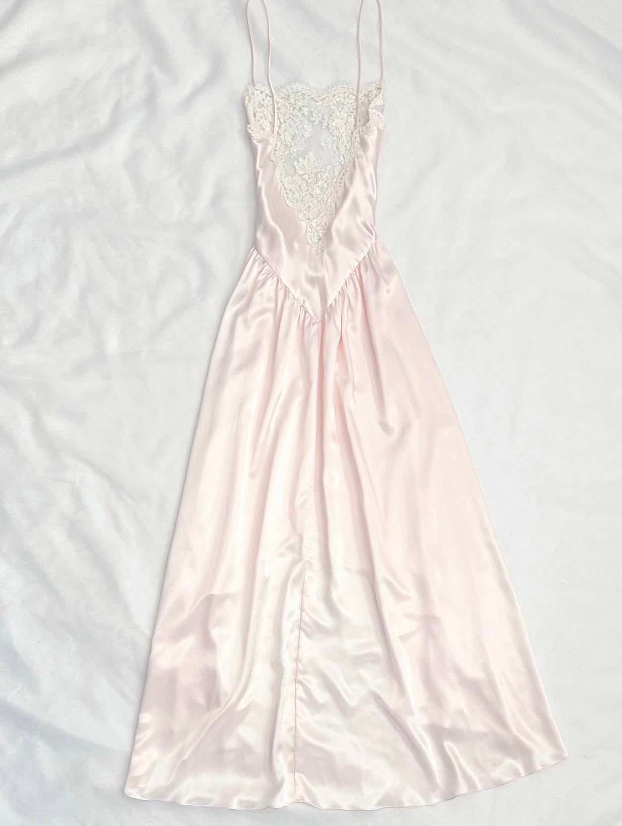 Spaghetti Strap Pink Satin Dress Lace Formal Dress  P901