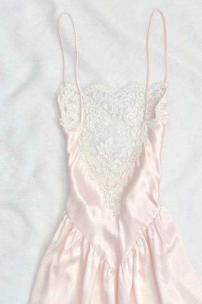 Spaghetti Strap Pink Satin Dress Lace Formal Dress  P901