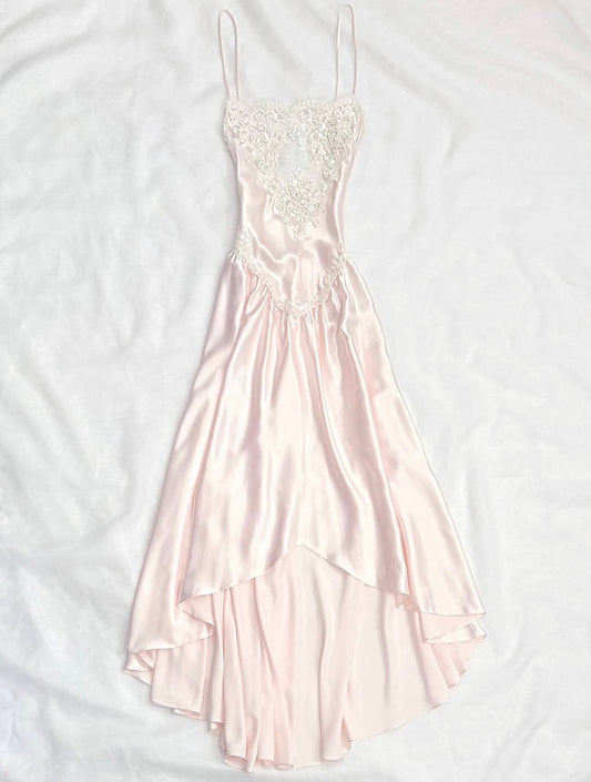 Spaghetti Strap Pink Satin Dress Lace Formal Dress  P901