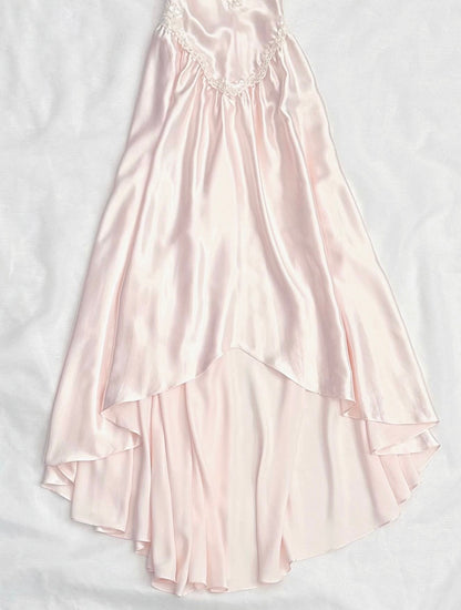 Spaghetti Strap Pink Satin Dress Lace Formal Dress  P901