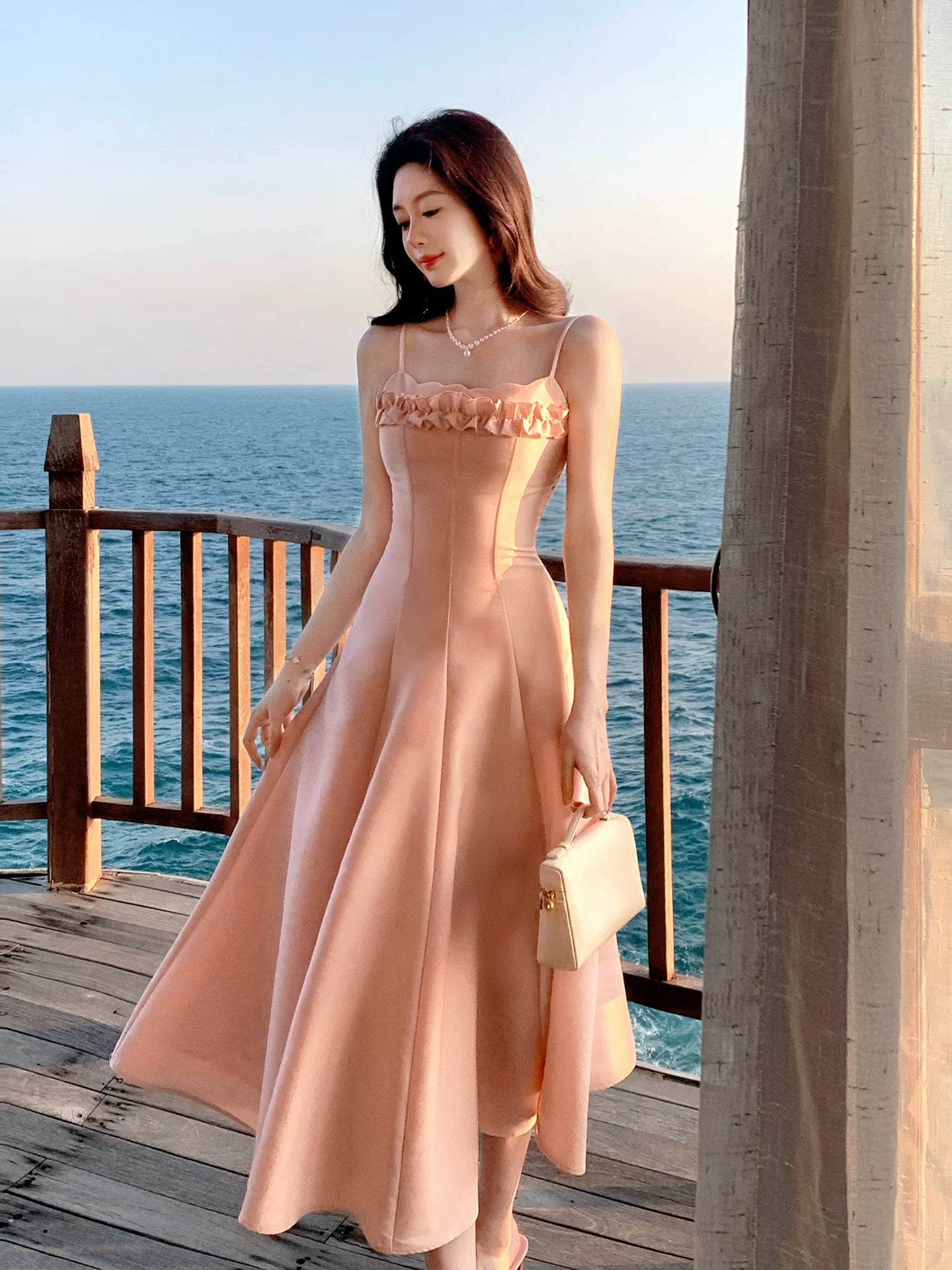 Spaghetti Strap Pink Satin Prom Dress Ruffled Wedding Guest Dress  P1396