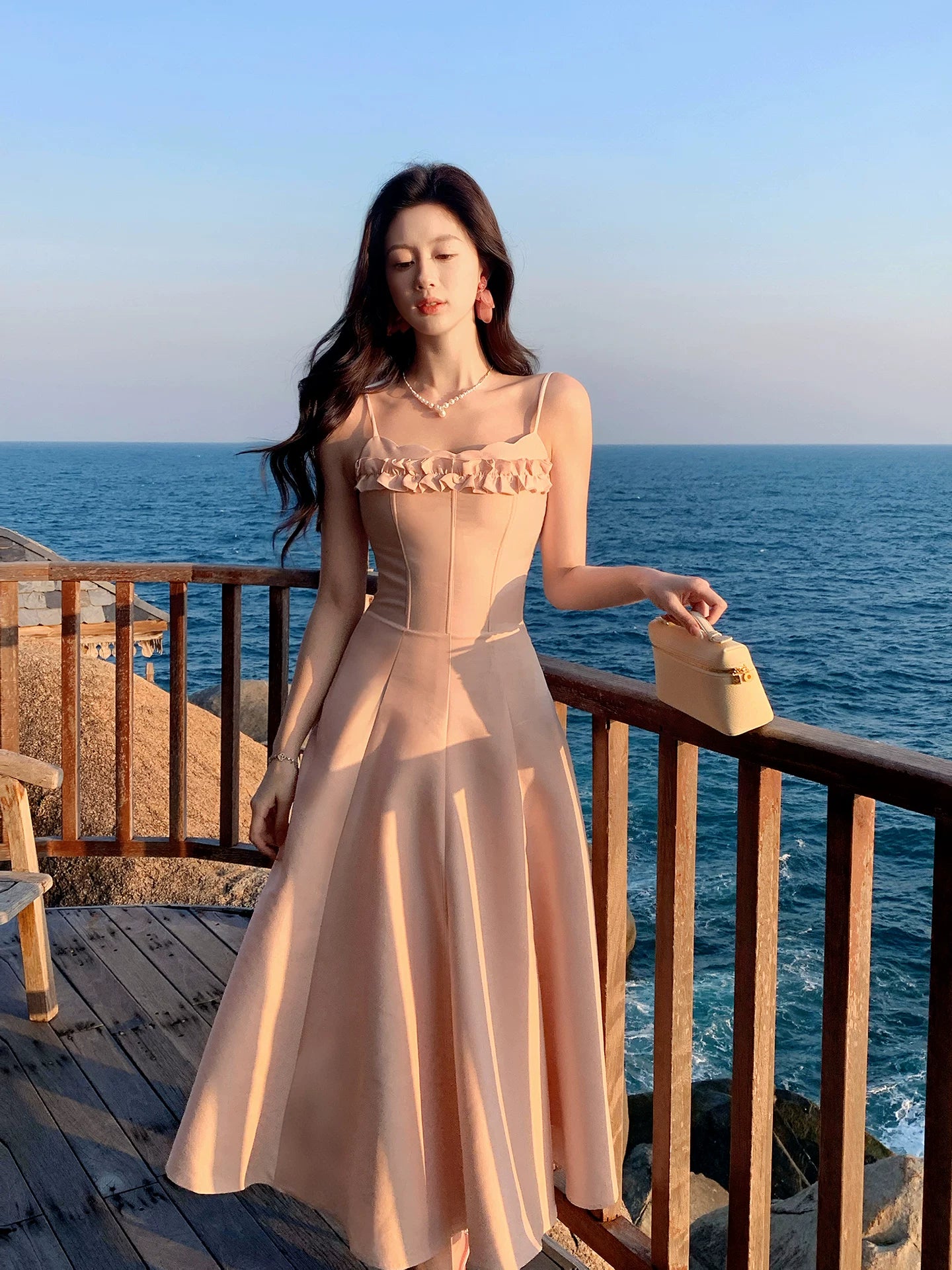 Spaghetti Strap Pink Satin Prom Dress Ruffled Wedding Guest Dress  P1396