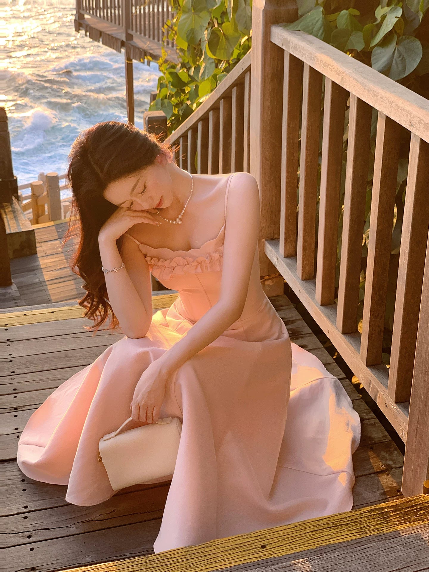 Spaghetti Strap Pink Satin Prom Dress Ruffled Wedding Guest Dress  P1396