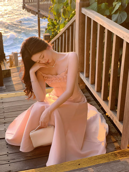 Spaghetti Strap Pink Satin Prom Dress Ruffled Wedding Guest Dress  P1396