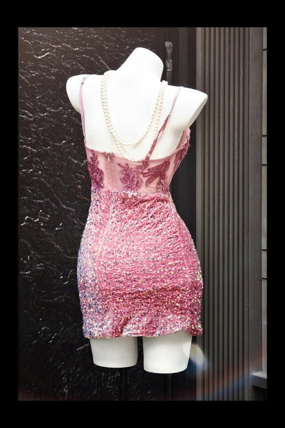 Spaghetti Strap Pink Sequin Short Homecoming Dress  P1734