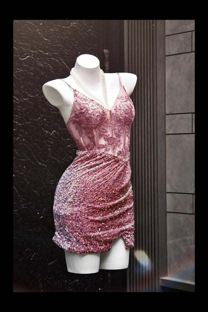 Spaghetti Strap Pink Sequin Short Homecoming Dress  P1734