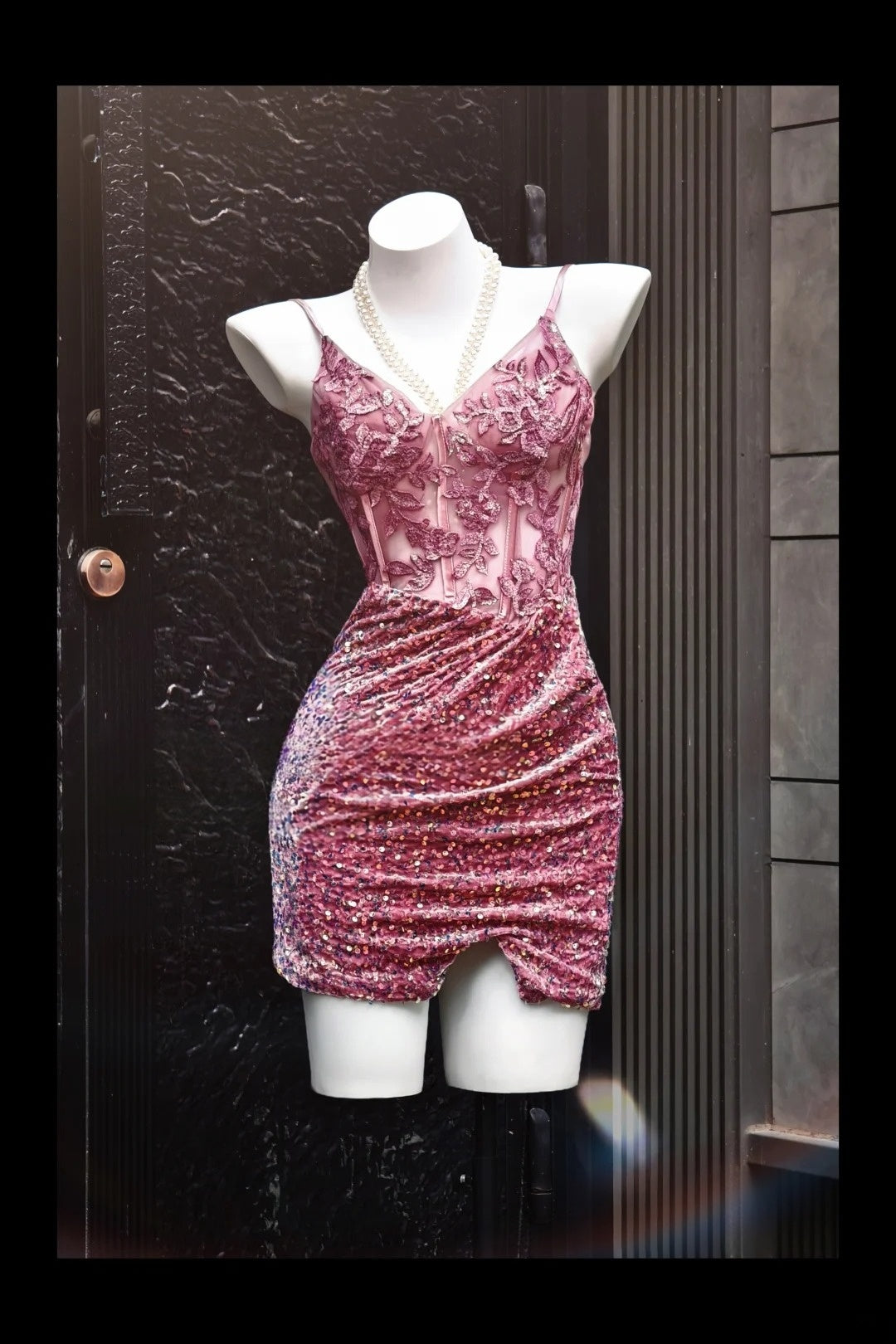 Spaghetti Strap Pink Sequin Short Homecoming Dress  P1734