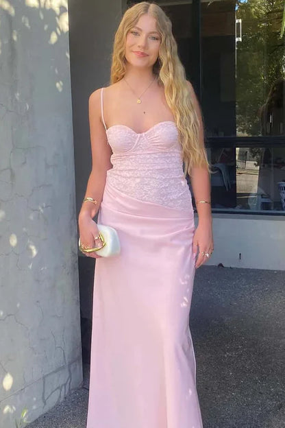 Spaghetti Strap Pink Sheath Prom Dress Satin Formal Dress  P1140
